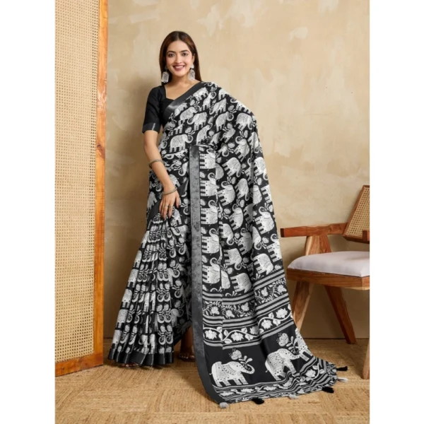 Women's Silk Blend Printed Saree With Unstitched Blouse 5.5Mtr (Black) - Image 2