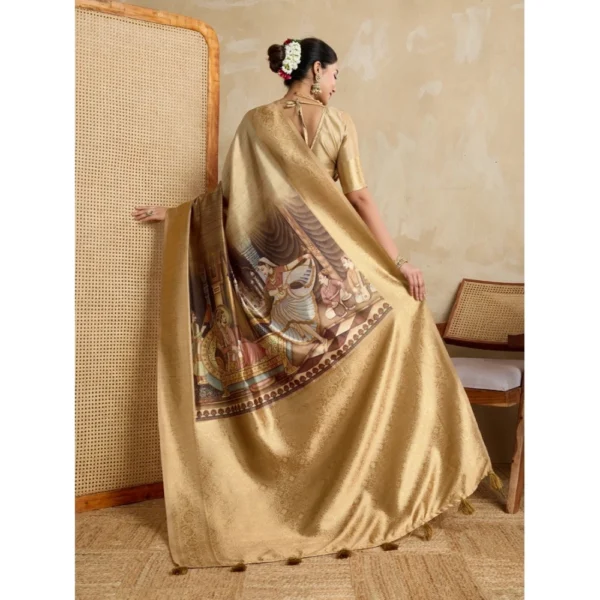 Women's Silk Printed Saree With Unstitched Blouse 5.5Mtr (Gold) - Image 4