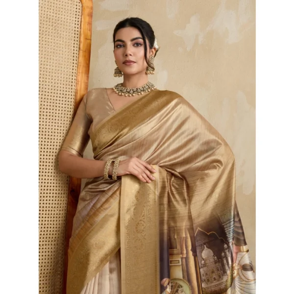 Women's Silk Printed Saree With Unstitched Blouse 5.5Mtr (Gold) - Image 2