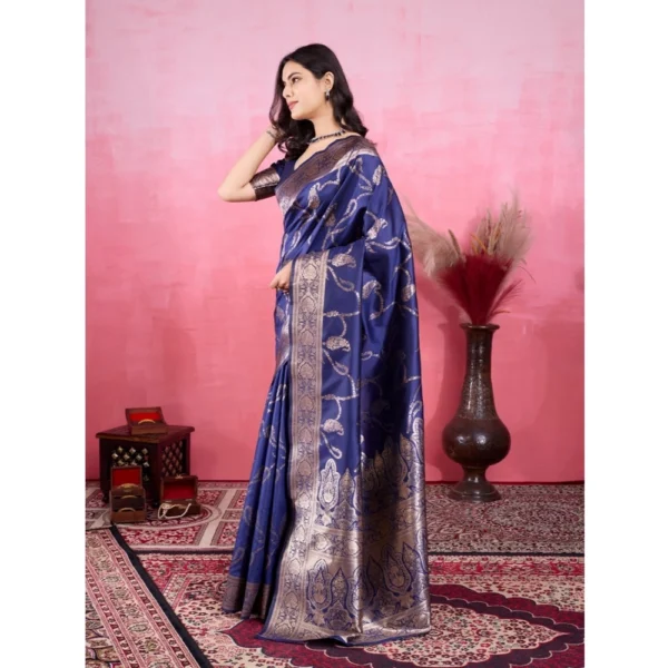 Women's Banarasi Silk Printed Saree With Unstitched Blouse 5.5Mtr (Blue) - Image 4