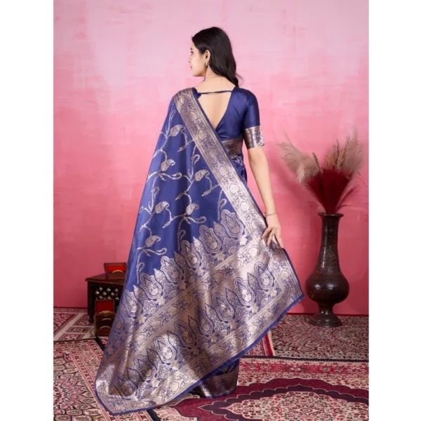 Women's Banarasi Silk Printed Saree With Unstitched Blouse 5.5Mtr (Blue) - Image 3