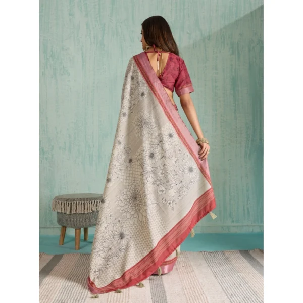 Women's Silk Blend Printed Saree With Unstitched Blouse 5.5Mtr (Beige) - Image 4