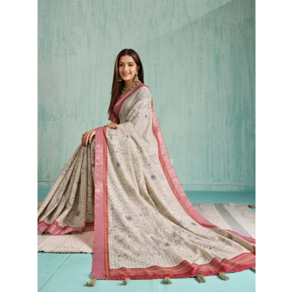 Women's Silk Blend Printed Saree With Unstitched Blouse 5.5Mtr (Beige) - Image 2
