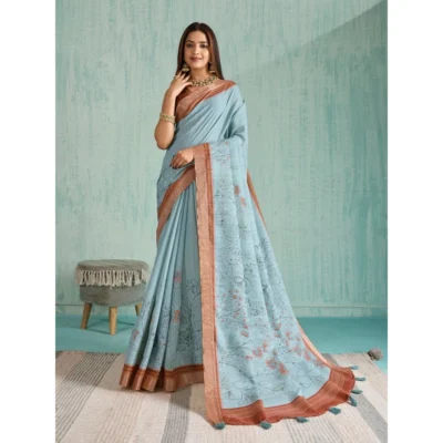 Women's Silk Blend Printed Saree With Unstitched Blouse 5.5Mtr (Blue)