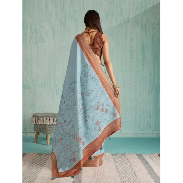 Women's Silk Blend Printed Saree With Unstitched Blouse 5.5Mtr (Blue) - Image 4