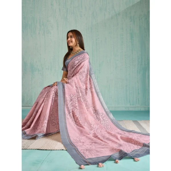 Women's Silk Blend Printed Saree With Unstitched Blouse 5.5Mtr (Pink) - Image 2