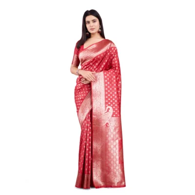 Women's Banarasi Silk Printed Saree With Unstitched Blouse 5.5Mtr (Red)