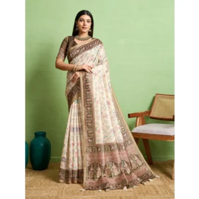 Women's Silk Blend Printed Saree With Unstitched Blouse 5.5Mtr (Cream)