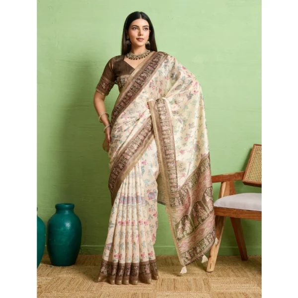 Women's Silk Blend Printed Saree With Unstitched Blouse 5.5Mtr (Cream) - Image 2