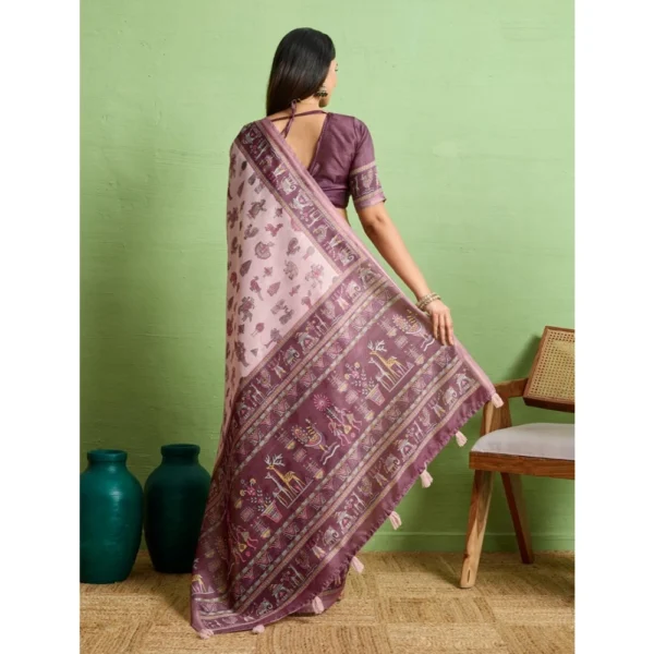 Women's Silk Blend Printed Saree With Unstitched Blouse 5.5Mtr (Grey) - Image 4
