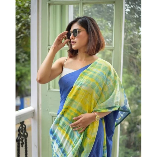 Women's Linen Printed Saree With Unstitched Blouse 5.5Mtr (Blue) - Image 4