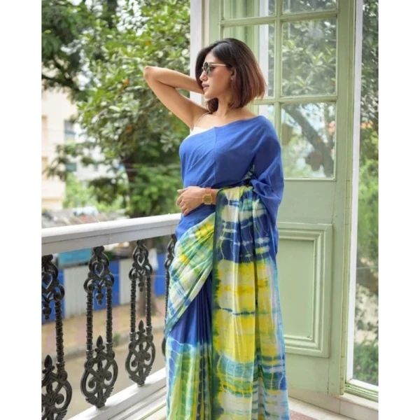 Women's Linen Printed Saree With Unstitched Blouse 5.5Mtr (Blue) - Image 3