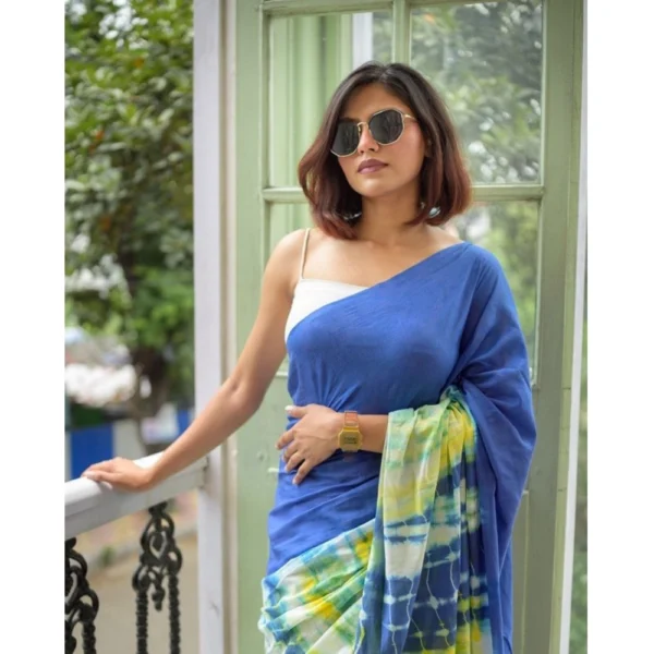 Women's Linen Printed Saree With Unstitched Blouse 5.5Mtr (Blue) - Image 2