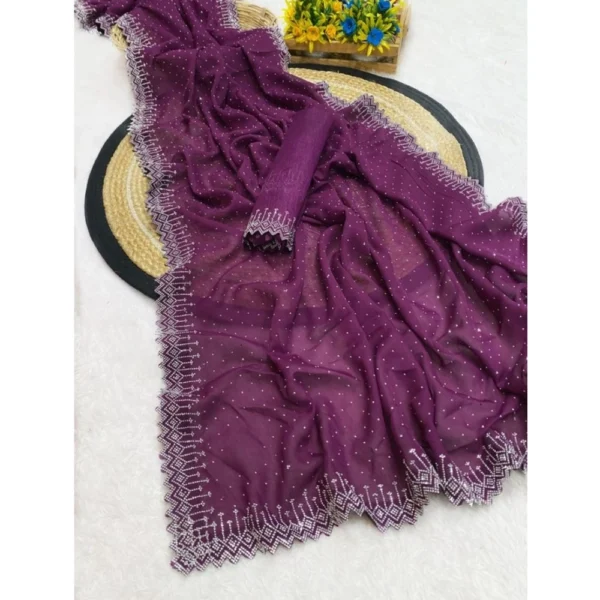 Women's Georgette Stone Work Saree With Unstitched Blouse 5.5Mtr (Purple) - Image 2