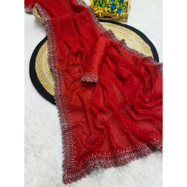Women's Georgette Stone Work Saree With Unstitched Blouse 5.5Mtr (Red) - Image 2