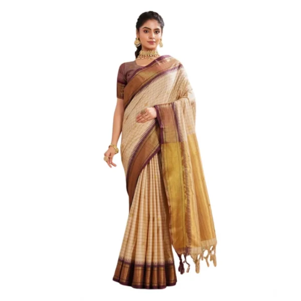 Women's Silk Blended Jaquard Woven Saree With Unstitched Blouse 5.5Mtr (Beige) - Image 3