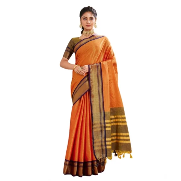 Women's Silk Blended Jaquard Woven Saree With Unstitched Blouse 5.5Mtr (Orange) - Image 2