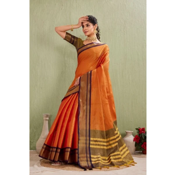 Women's Silk Blended Jaquard Woven Saree With Unstitched Blouse 5.5Mtr (Orange) - Image 3