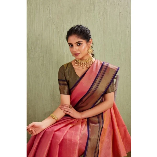 Women's Silk Blended Jaquard Woven Saree With Unstitched Blouse 5.5Mtr (Pink) - Image 3