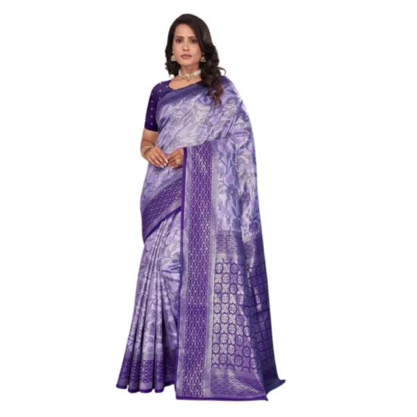 Women's Banarasi Silk Jaquard Woven Saree With Unstitched Blouse 5.5Mtr (Purple) - Image 2