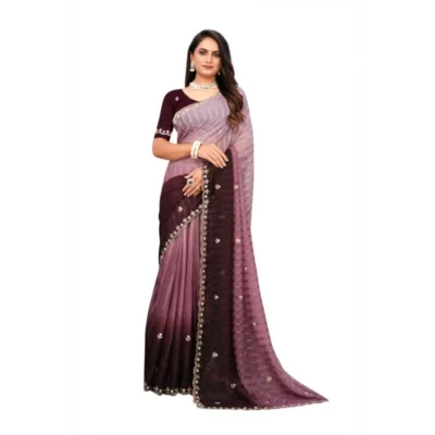 Women's Chiffon Embroidred Saree With Unstitched Blouse 5.5Mtr (Beige)