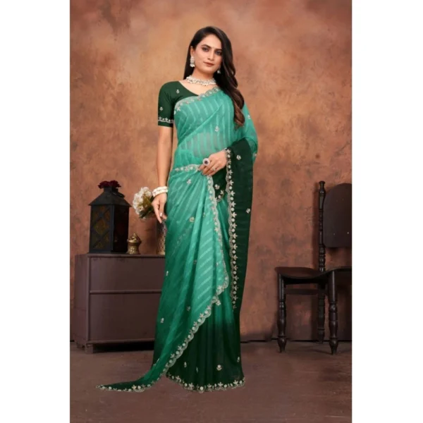 Women's Chiffon Embroidred Saree With Unstitched Blouse 5.5Mtr (Dark Green) - Image 4