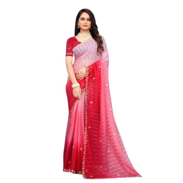 Women's Chiffon Embroidred Saree With Unstitched Blouse 5.5Mtr (Pink) - Image 2