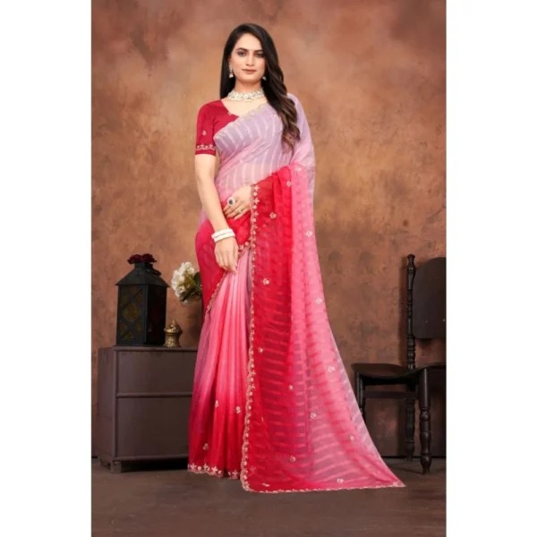 Women's Chiffon Embroidred Saree With Unstitched Blouse 5.5Mtr (Pink) - Image 5