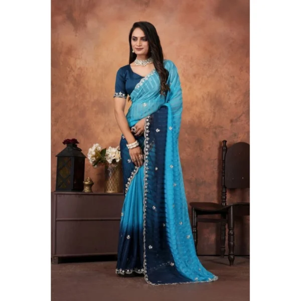 Women's Chiffon Embroidred Saree With Unstitched Blouse 5.5Mtr (Light Blue) - Image 5