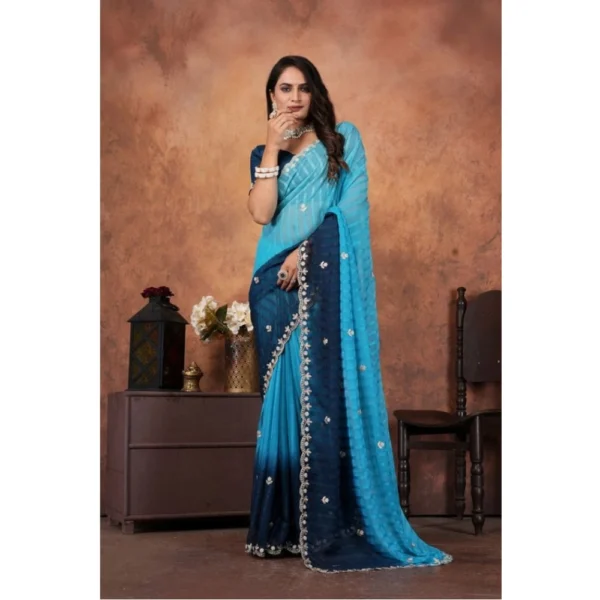 Women's Chiffon Embroidred Saree With Unstitched Blouse 5.5Mtr (Light Blue) - Image 4
