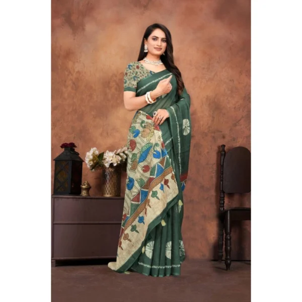 Women's Linen Printed Saree With Unstitched Blouse 5.5Mtr (Dark Green) - Image 4