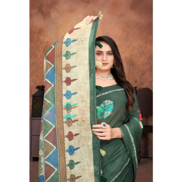 Women's Linen Printed Saree With Unstitched Blouse 5.5Mtr (Dark Green) - Image 2