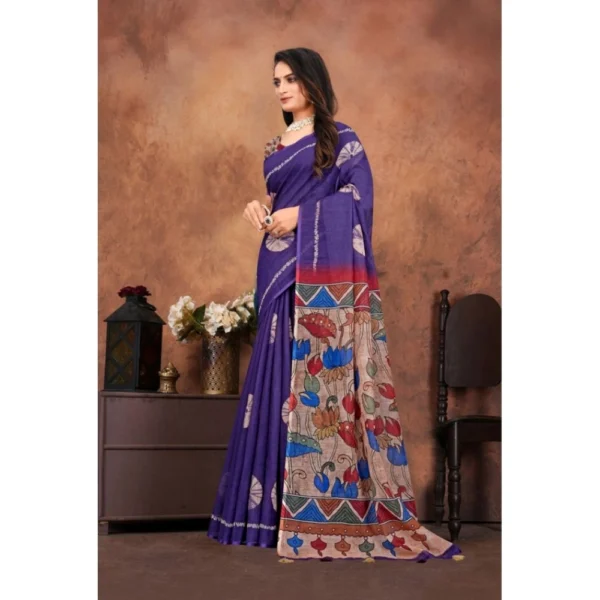Women's Linen Printed Saree With Unstitched Blouse 5.5Mtr (Purple) - Image 3