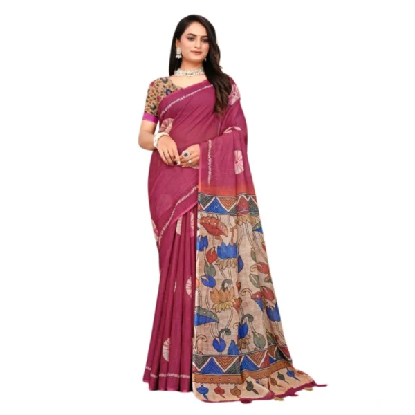 Women's Linen Printed Saree With Unstitched Blouse 5.5Mtr (Purple) - Image 2