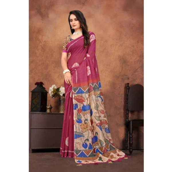 Women's Linen Printed Saree With Unstitched Blouse 5.5Mtr (Purple) - Image 5