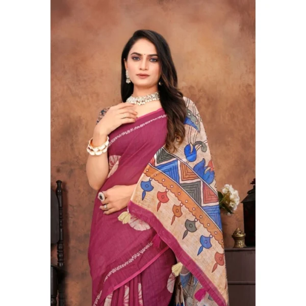 Women's Linen Printed Saree With Unstitched Blouse 5.5Mtr (Purple) - Image 4