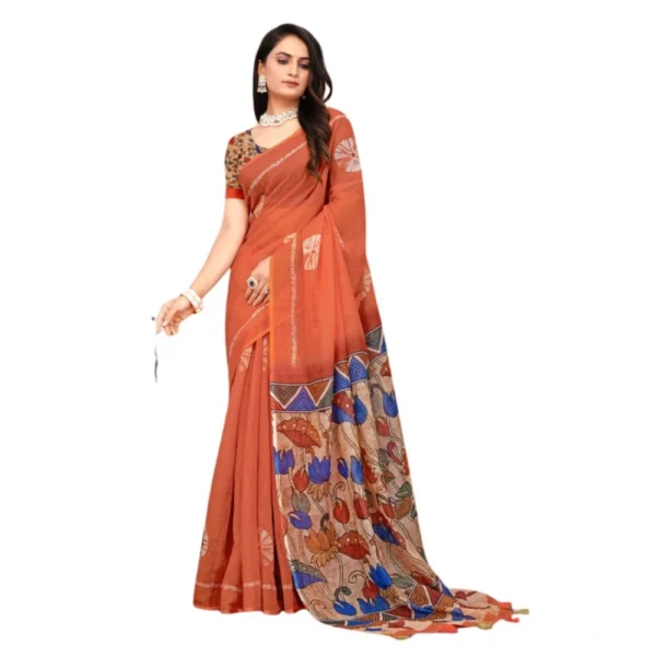 Women's Linen Printed Saree With Unstitched Blouse 5.5Mtr (Red) - Image 2