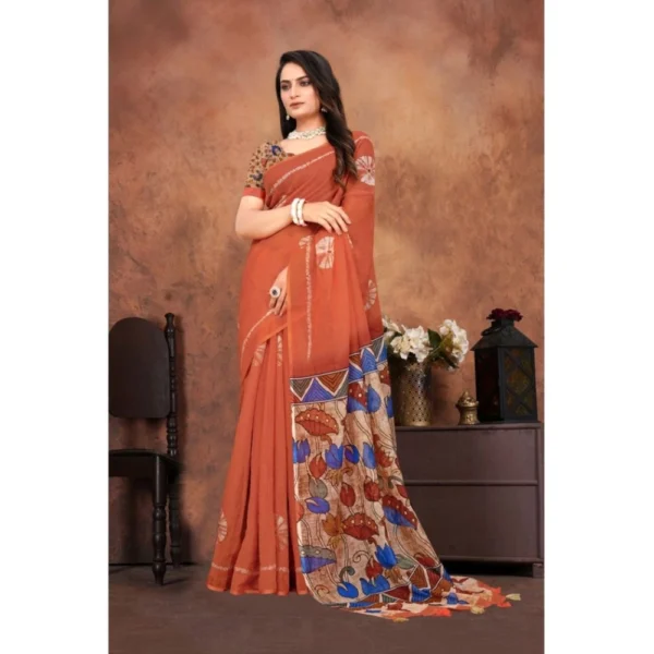 Women's Linen Printed Saree With Unstitched Blouse 5.5Mtr (Red) - Image 5