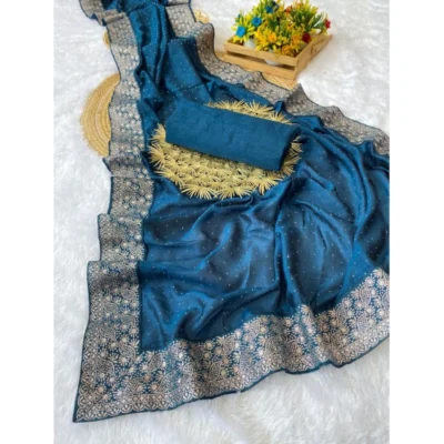Women's Silk Embroidred Saree With Unstitched Blouse 5.5Mtr (Light Green)