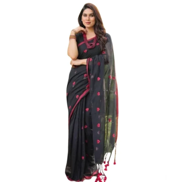 Women's Linen Printed Saree With Unstitched Blouse 5.5Mtr (Black) - Image 2