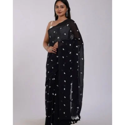 Women's Linen Printed Saree With Unstitched Blouse 5.5Mtr (Black)