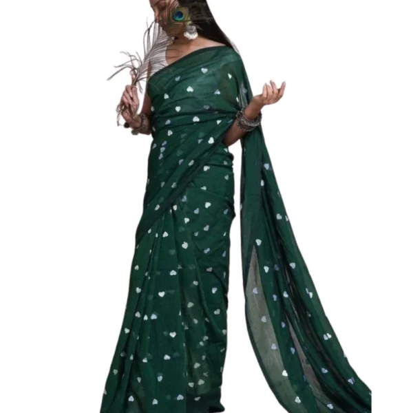 Women's Linen Printed Saree With Unstitched Blouse 5.5Mtr (Green) - Image 2