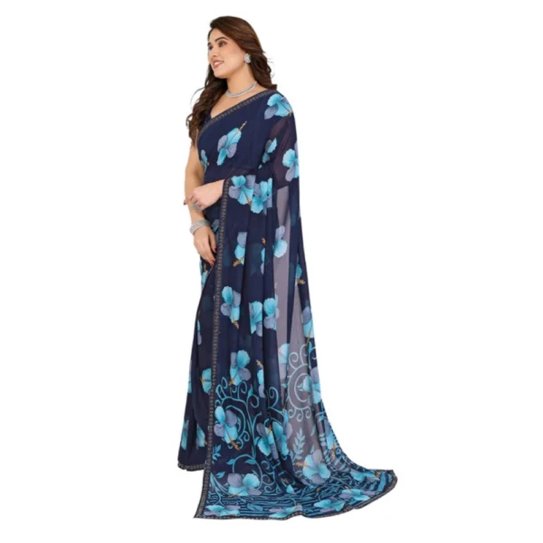 Women's Georgette Printed Saree With Unstitched Blouse 5.5Mtr (Navy Blue) - Image 4