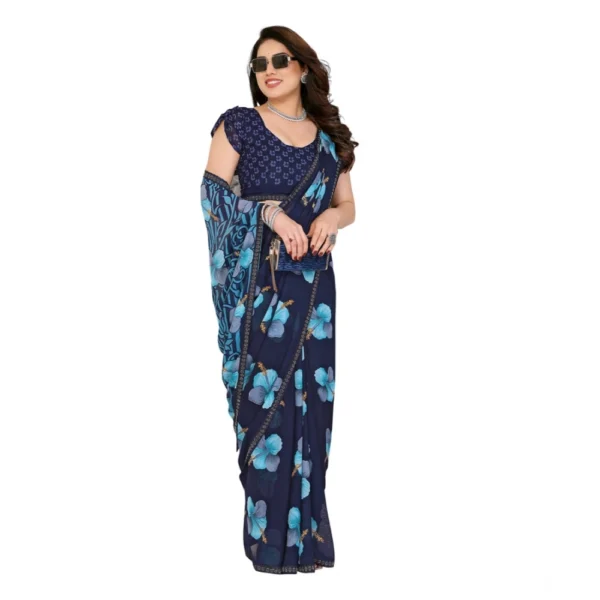 Women's Georgette Printed Saree With Unstitched Blouse 5.5Mtr (Navy Blue) - Image 2