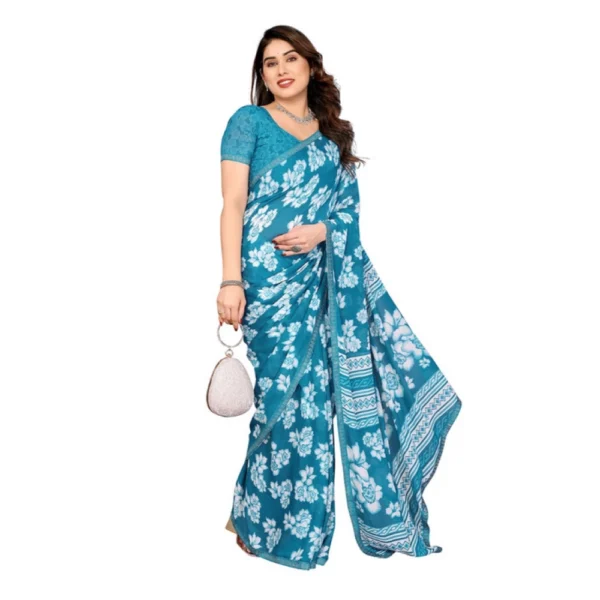 Women's Georgette Printed Saree With Unstitched Blouse 5.5Mtr (Sky Blue) - Image 2