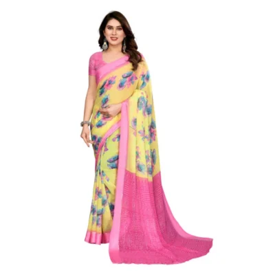 Women's Georgette Printed Saree With Unstitched Blouse 5.5Mtr (Yellow)