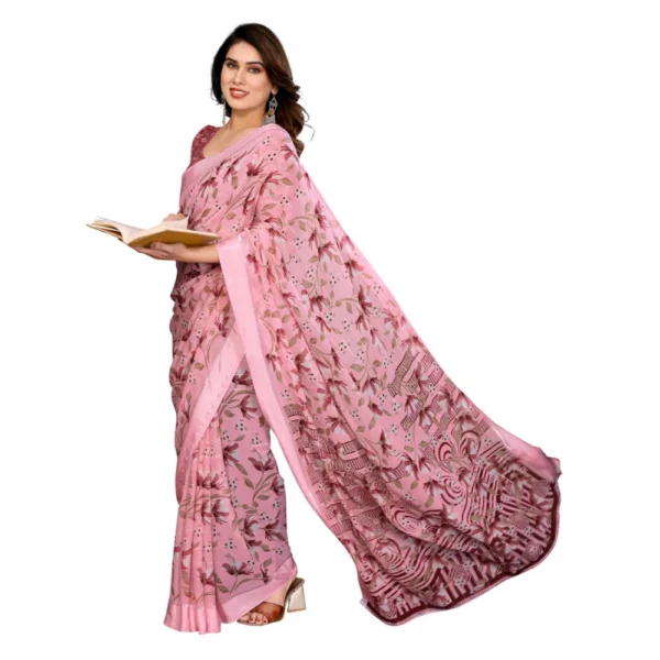 Women's Georgette Printed Saree With Unstitched Blouse 5.5Mtr (Pink) - Image 2