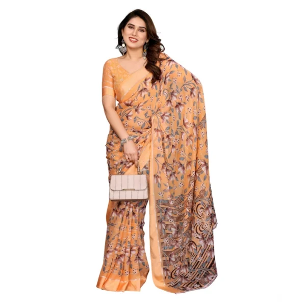 Women's Georgette Printed Saree With Unstitched Blouse 5.5Mtr (Orange) - Image 2