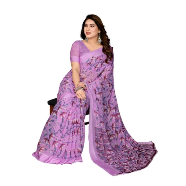Women's Georgette Printed Saree With Unstitched Blouse 5.5Mtr (Purple) - Image 2