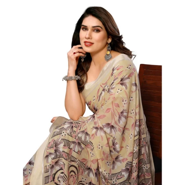 Women's Georgette Printed Saree With Unstitched Blouse 5.5Mtr (Beige) - Image 2